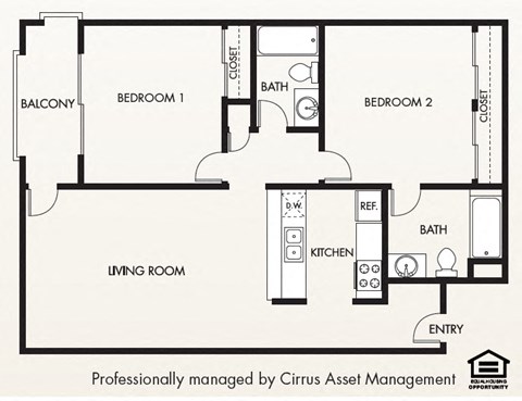 Floor plan for 2 beds, 2 baths, 911 sqft